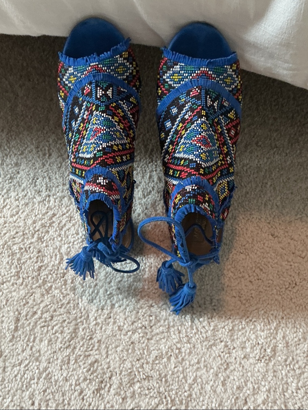Aquazzura Multicolor Beaded Blue Fringe Open-Toe Mules